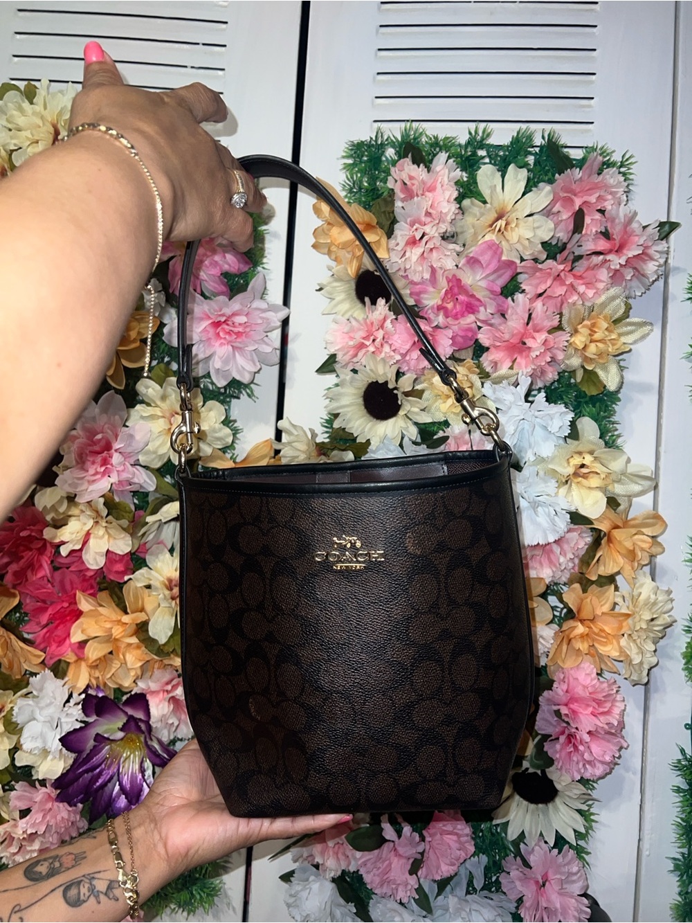 Coach Dark Brown Signature Monogram Shoulder Bag with Gold Hardware